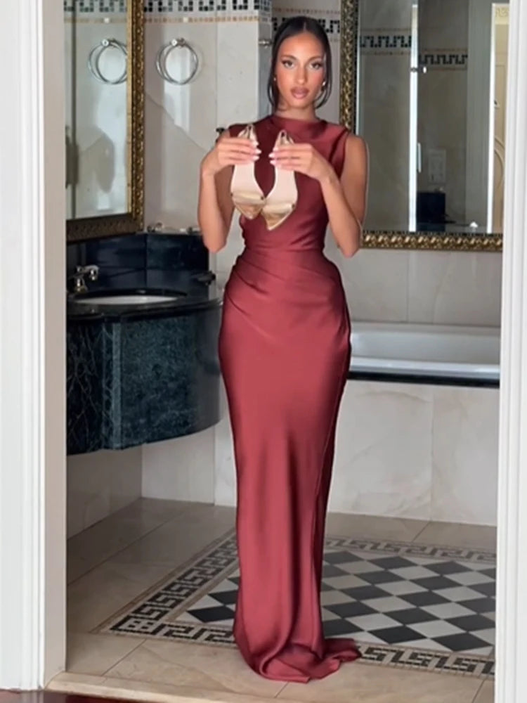 Ruched Waist Satin Long Dress Solid Bodycon Sleeveless Cowl Neck Fishtail Women Dresses 2026 Summer Lady Formal Evening Gowns