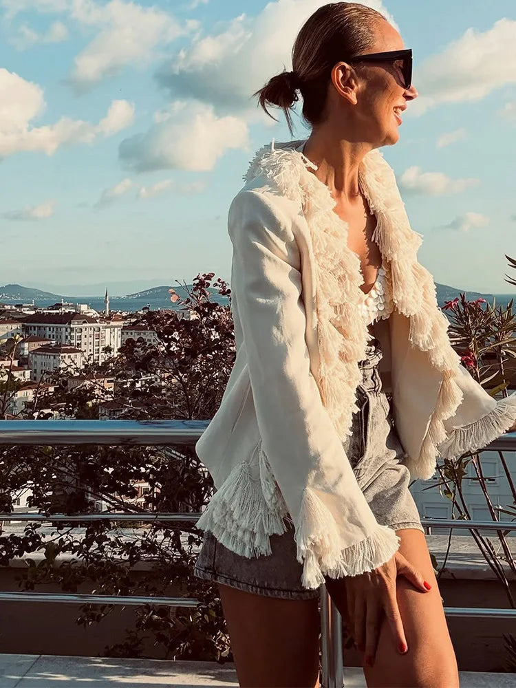 Fashion Solid Blended Women's Jacket Irregular Tassel Decoration Open Front Long Sleeves Loose Chic 2026 Autumn New Street Wear