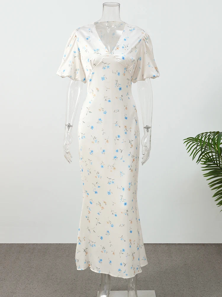 Printed Floral Print Elegant Long Dress For Women Short Sleeve V Neck Fashion Slim Dress Satin Commuting Banquet Female Dress