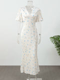 Printed Floral Print Elegant Long Dress For Women Short Sleeve V Neck Fashion Slim Dress Satin Commuting Banquet Female Dress