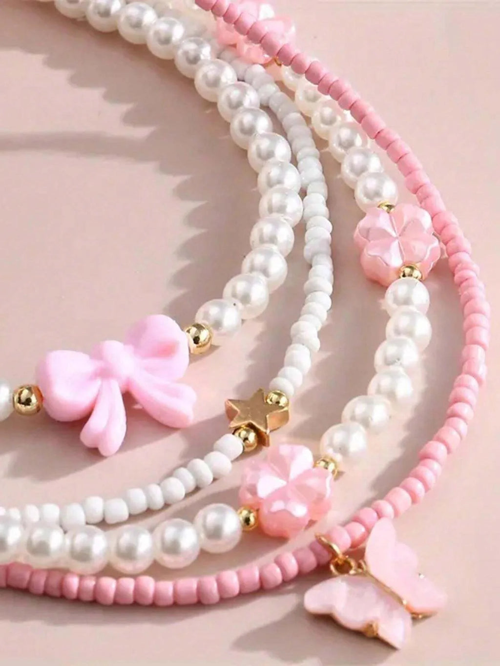 4pcs/Set Girls' Butterfly Heart Flower Pearl & Beaded Handmade Necklace Set Children Teen Friendship Best Gift For Friends