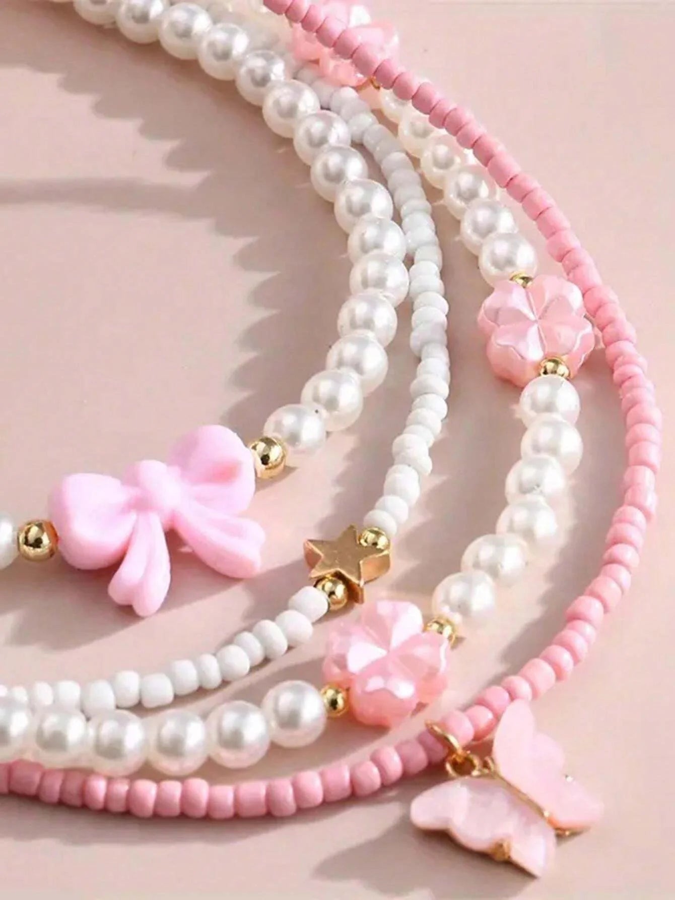 4pcs/Set Girls' Butterfly Heart Flower Pearl & Beaded Handmade Necklace Set Children Teen Friendship Best Gift For Friends