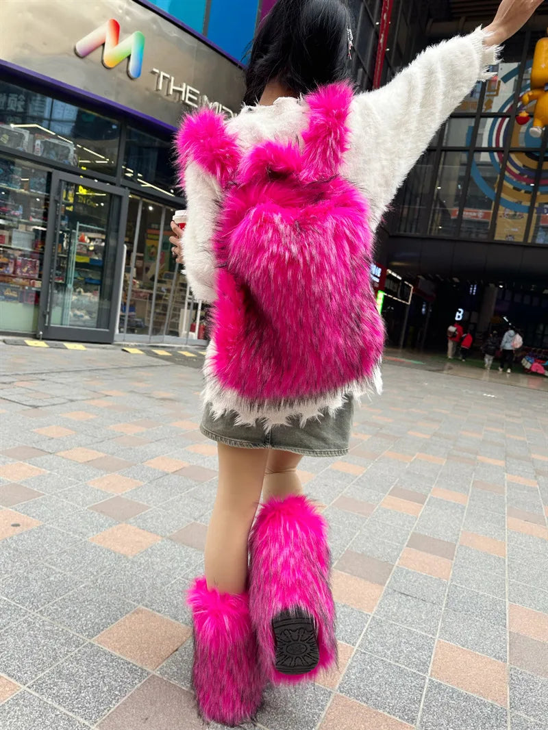 2026 NEW FASHION Y2K Faux Fur FOR Women Backpack Solid Soft Fleece Knapsack Harajuku Style Winter Ladies Bag