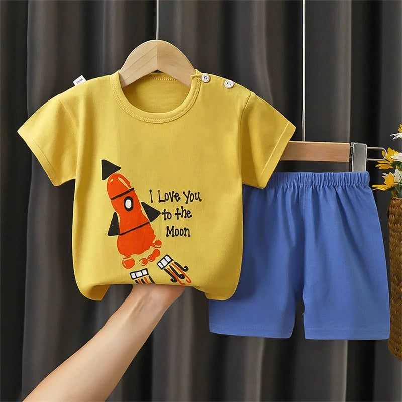 1-6 Y Kids Cartoon Excavator Striped T-Shirt+Shorts 2-Piece Set Cotton Pajama Baby Boys Girls Summer Casual Tracksuit Clothes Su