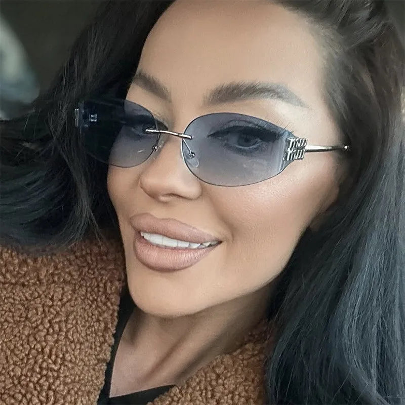 Rimless Oval Sunglasses Women UV400 Oversized Gradient Black Lenses Metal Frame Punk Decorative Glasses Men Goggles Female