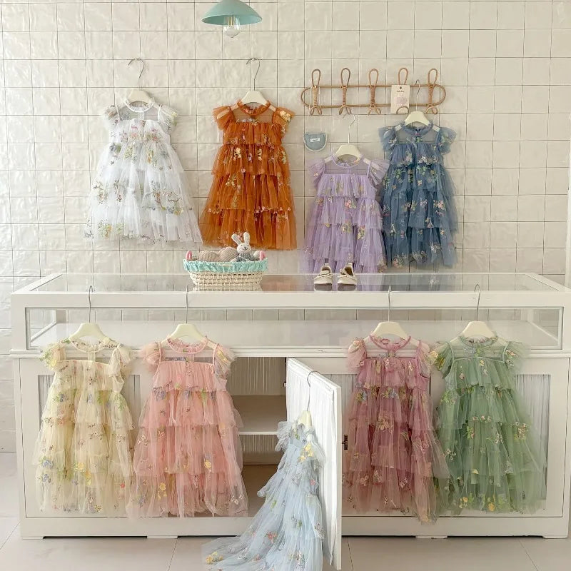 Girls Princess Dress Fairy Tulle Sweet Embroidered Cake Layered Dress for Kids Puffy Mesh Gown Birthday Party Wedding Dress