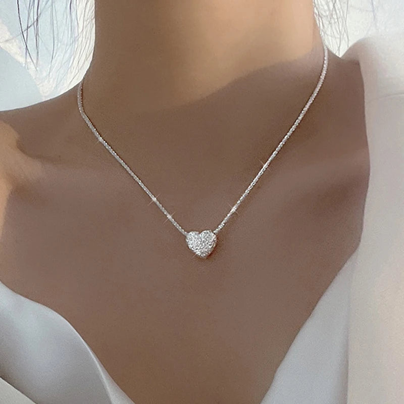 New 925 Sterling Silver Girls Hammer Pattern Love Necklace Simple Heart Shaped Pendant Women's Gift Boutique Jewelry NK153