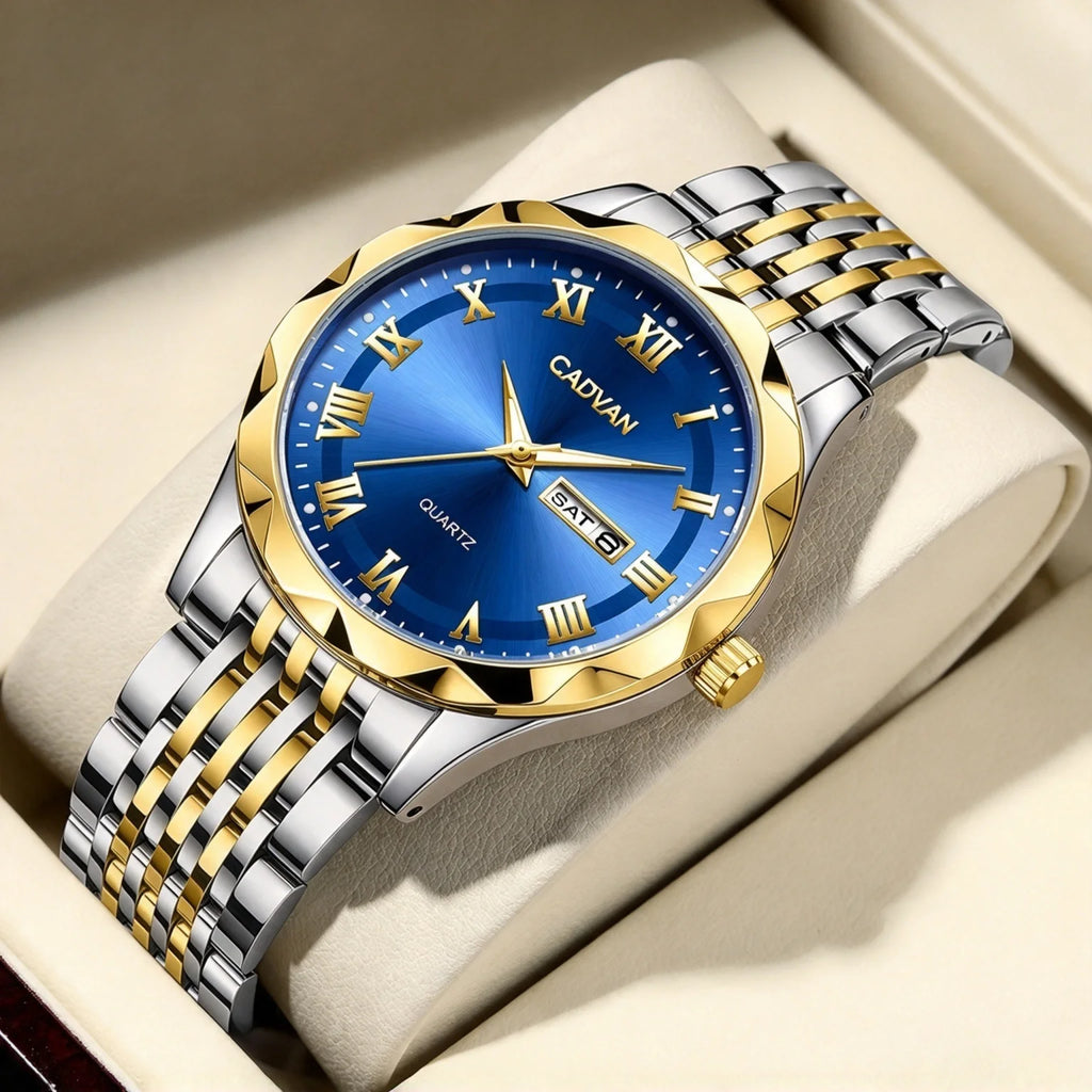 CADVAN Men's Luxury Steel Strap Calendar Watch with Stylish Stainless Steel Strap, Perfect Gift for Men's Watches - Boxed