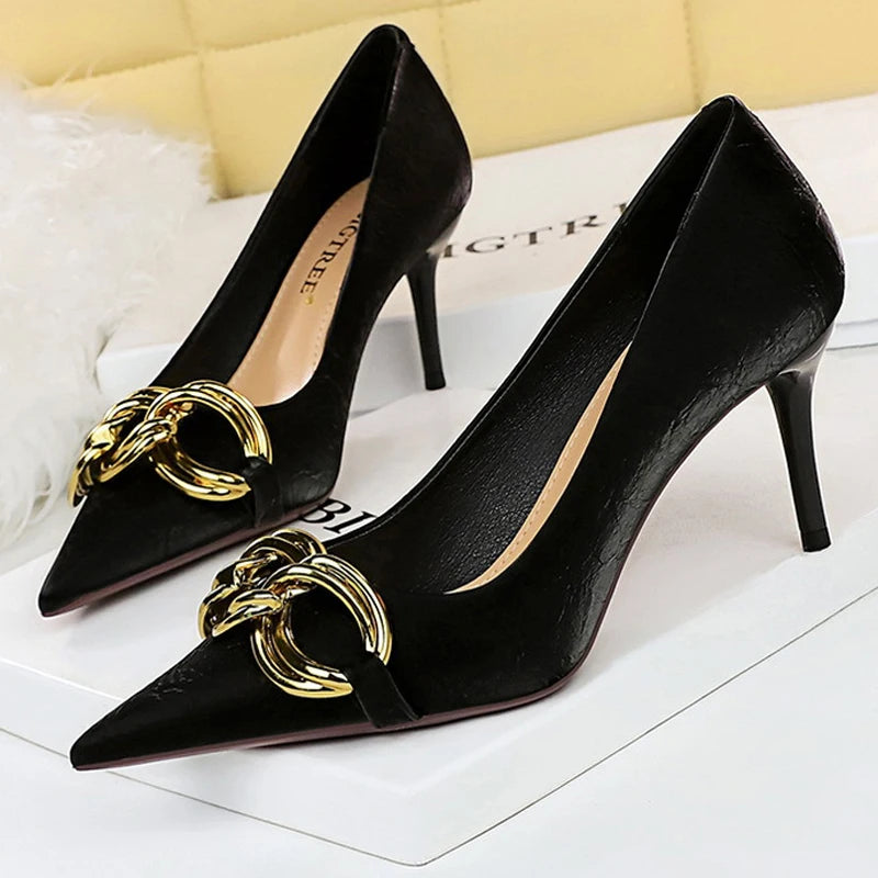 Women 7.5cm 9.5cm High Heels Escarpins Pumps Lady Metal Chain Low Heels Fetish Nightclub Slim Fit Party Green Office Prom Shoes