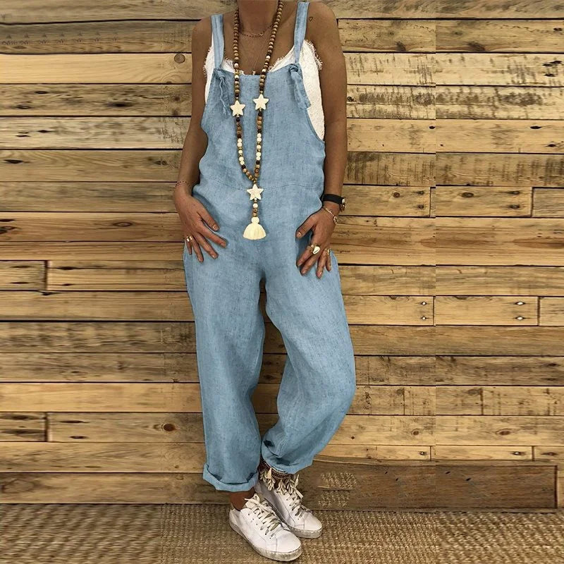 Woman Cotton Linen Suspender Pants Solid Color Loose Bib Straight Leg Jumpsuits Vintage Baggy Overalls Trousers Pockets Playsuit