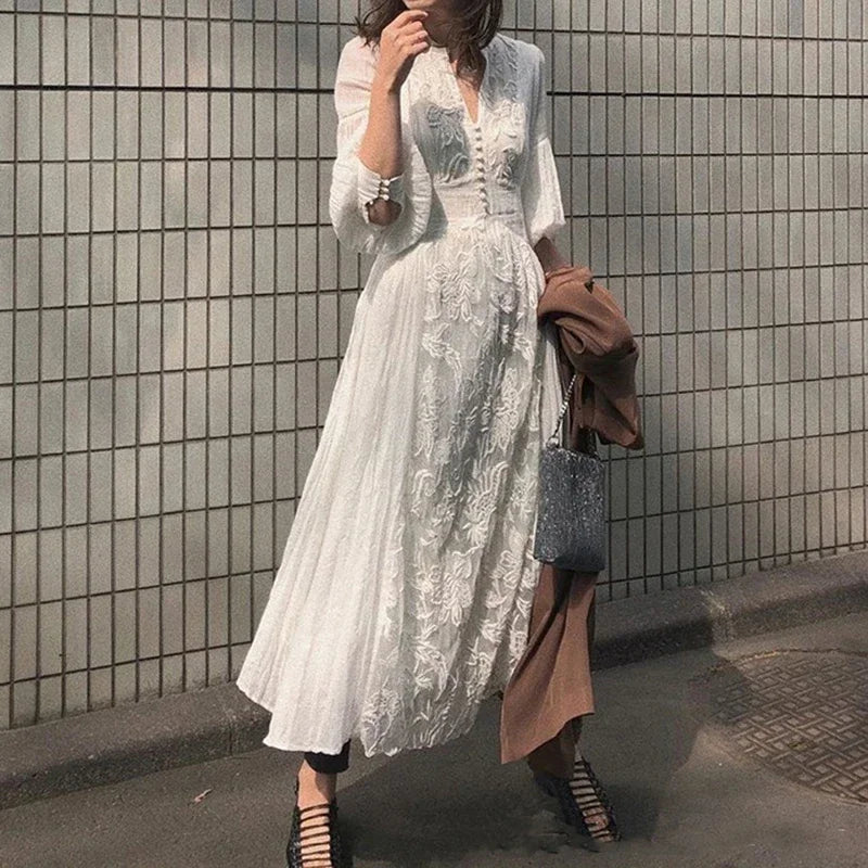 GypsyLady White Floral Embroidery Maxi Dress Vintage Boho Long Lantern Sleeve Dress Women V-neck Holiday Sexy Ladies Dresses