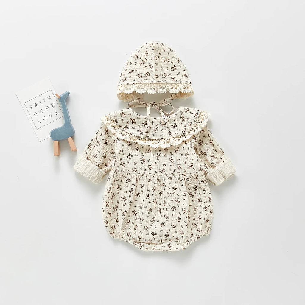 Autumn Newborn Infant Baby Girls Romper +hat  Muslin Lapel Floral Rompers Kids Onepiece Fashion Baby Clothing