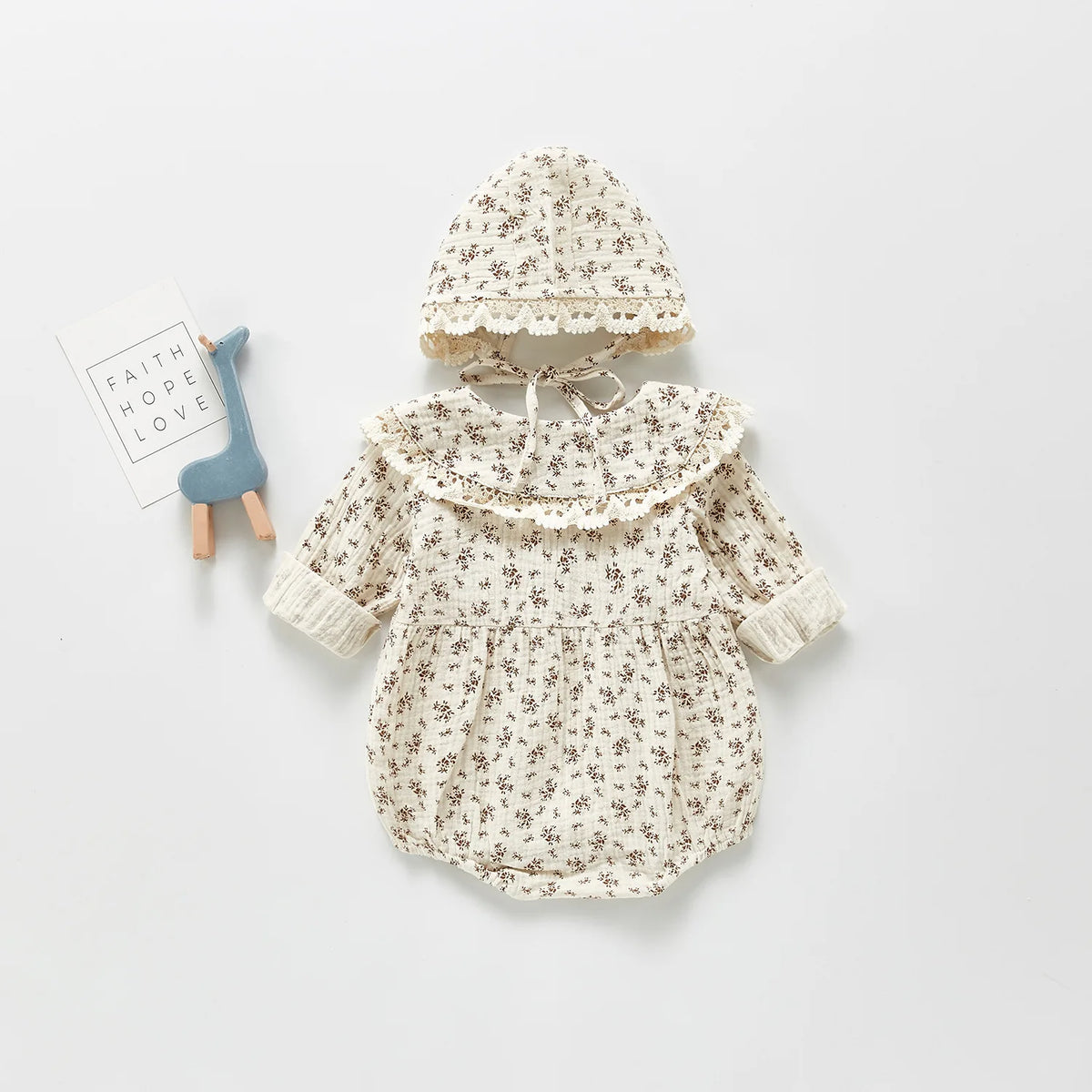 Autumn Newborn Infant Baby Girls Romper +hat  Muslin Lapel Floral Rompers Kids Onepiece Fashion Baby Clothing