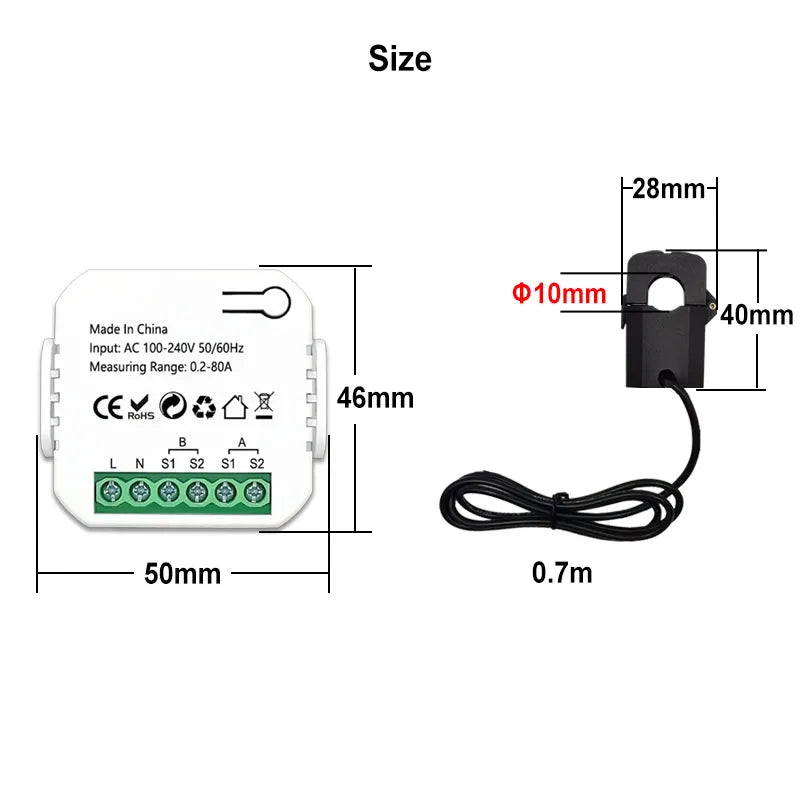 Smart ZigBee Energy Meter Bidirection 1, 2 Channel with Current Transformer Clamp App Monitor Power 80A 110V/240V 50/60Hz