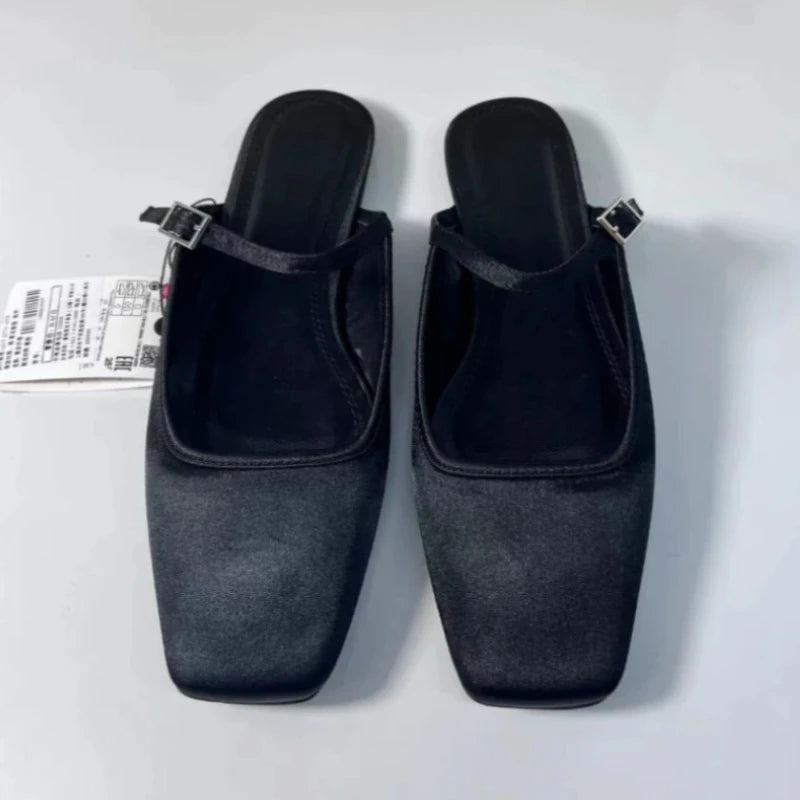 Summer Flat Sandals Woman 2026 New Square Toe Buckle Strap Breathable Satin Leisure Slingbacks Chic Mules Shoes for Ladies