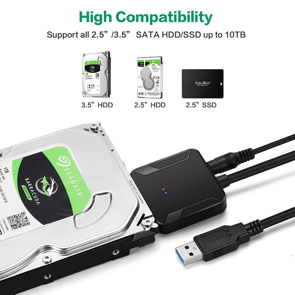 SATA To USB 3.0 Adapter Cable for 2.5/3.5 Inch SSD HDD SATA III Hard Drive Disk Converter Support UASP with 12V Power Adapter