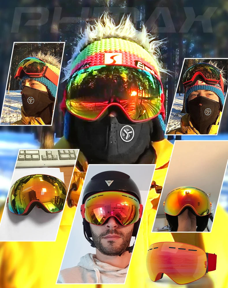 PHMAX Ski/Snowboard Goggles for Men Women, OTG Snow Goggles Anti Fog UV Protection Red Double Layers Lens Wide Vision Winter