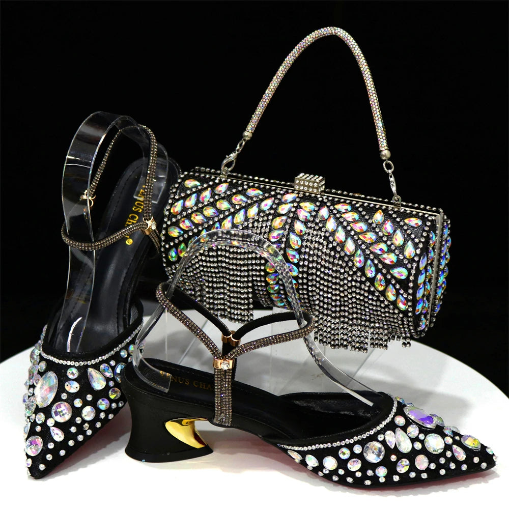 Venus Chan 2023 Newest INS Style Lace Elegant High Heels Pointed-Toe Nigeria Popular Design African Ladies Shoes And Bag Set