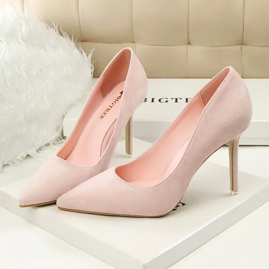 Women Elegant Flock Orange Purple Evening Banquet Party Pumps Lady Classic Scarpin New Burgundy 9cm High Heels Shoes Plus Size