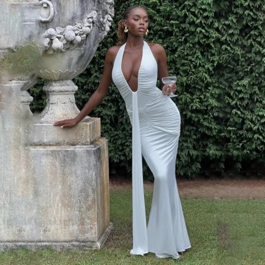 ABYOVRT Women Deep V Neck Ruched Maxi Dress Sleeveless Halter Gown Cocktail Evening Formal Dresses