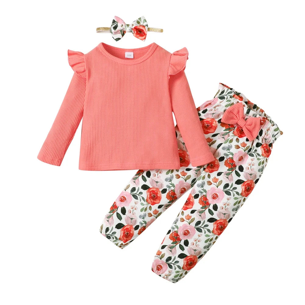 1-5Years Kids Girl Long Sleeve Clothes Set Solid Color Ribbed Shirt+Floral Pants+Headband Autumn 3PCS Outfit for Toddler Girl