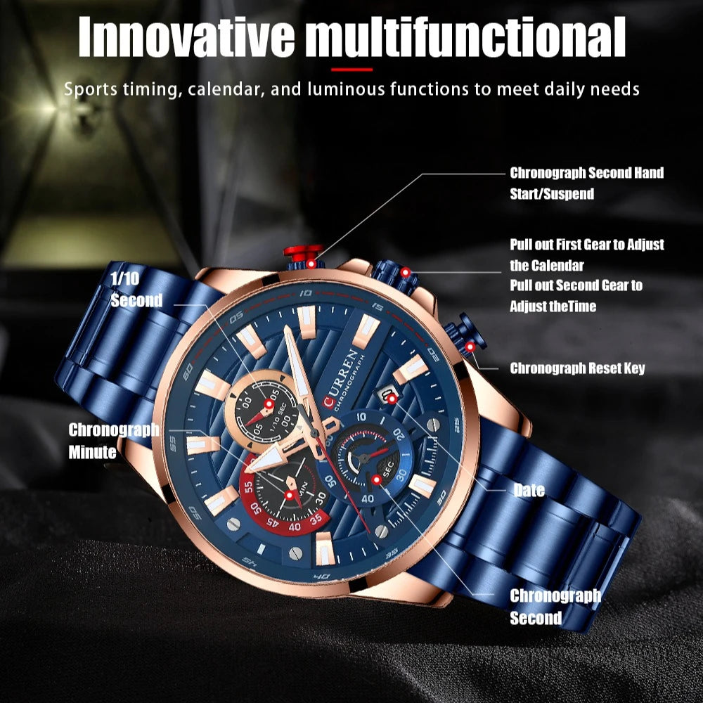 Gurren 8415 Men's Minimalist Six-hand Quartz Watch, Water-resistant Calendar Business Wristwatch