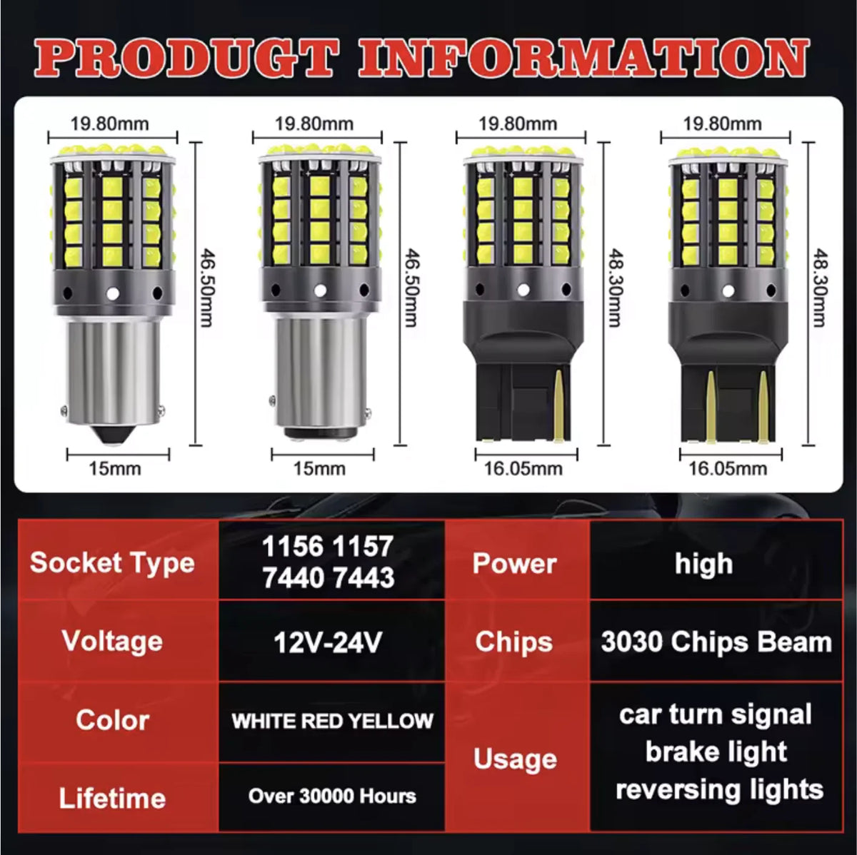 Turn Signal Reverse Brake Light Bulbs 1156 BA15S P21W BAU15S PY21W1157 BAY15D P21/5W LED Canbus 3030 44SMD 7440 7443 W21W T20