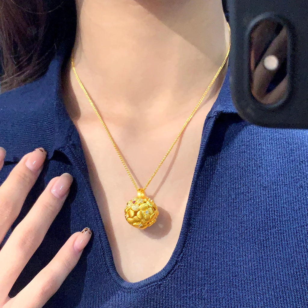 Luxury 24K 9999 Pure Gold real gold Women's Hollow Brushed Drill Embroidered Ball Pendant Necklace
