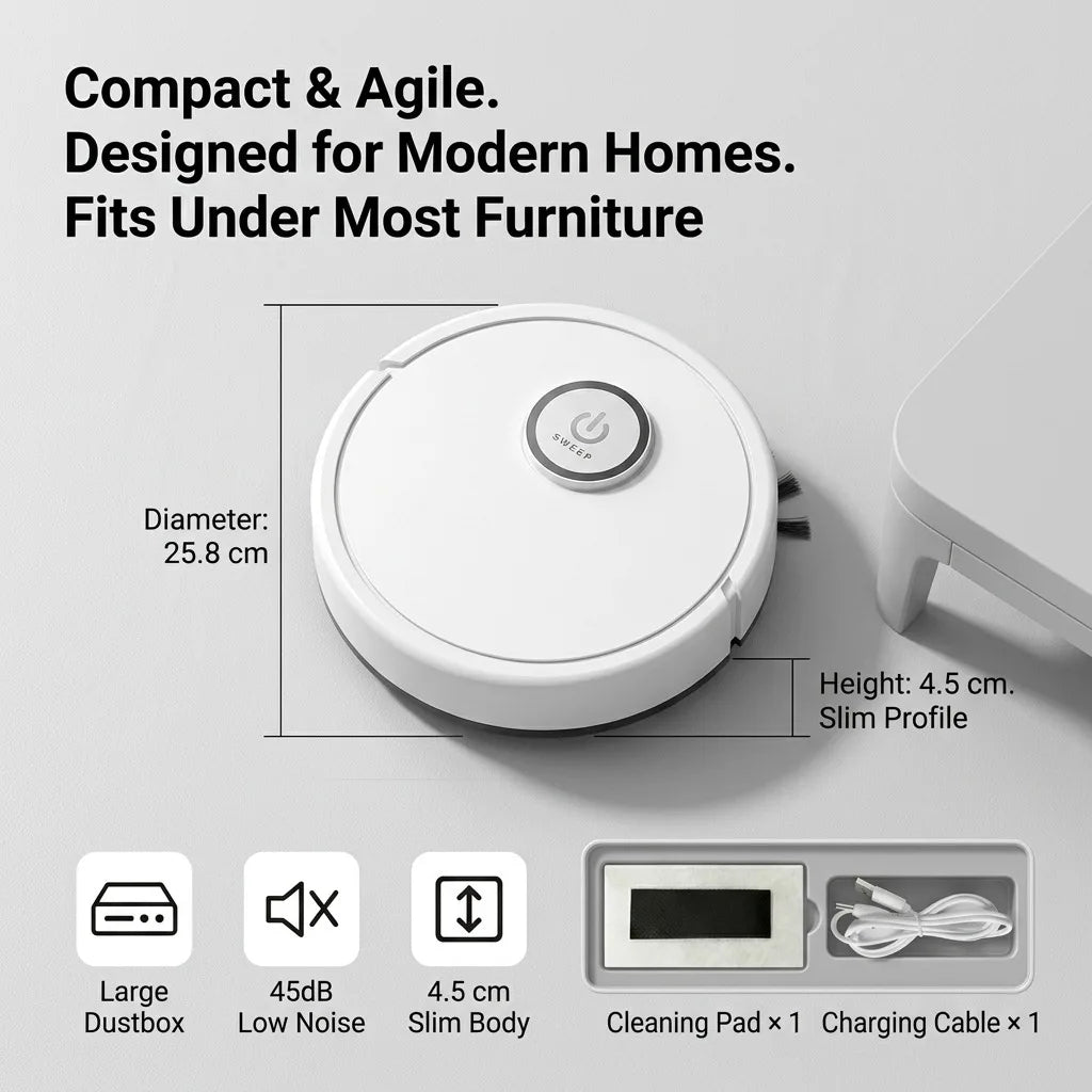 Robot Vacuum Cleaner, 4.5cm Ultra-Slim Robotic Vacuum for Pet Hair & Hard Floor, 45dB Quiet Automatic Floor Sweeper with 50-Min Runtime, Smart Obstacle Avoidance Mini Sweeping Robot for Home & Office