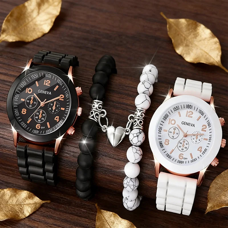 4pcs Fashionable, Minimalist, and Versatile Men AND WOMEN'S Couple Watch Pairing with Love Bead Bracelet Set