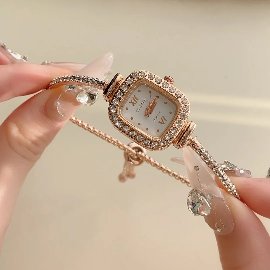 Rose Gold Silver Petite Bracelet Watch for Women, Gifts for Girlfriend Diamond Dress Analog square Watch