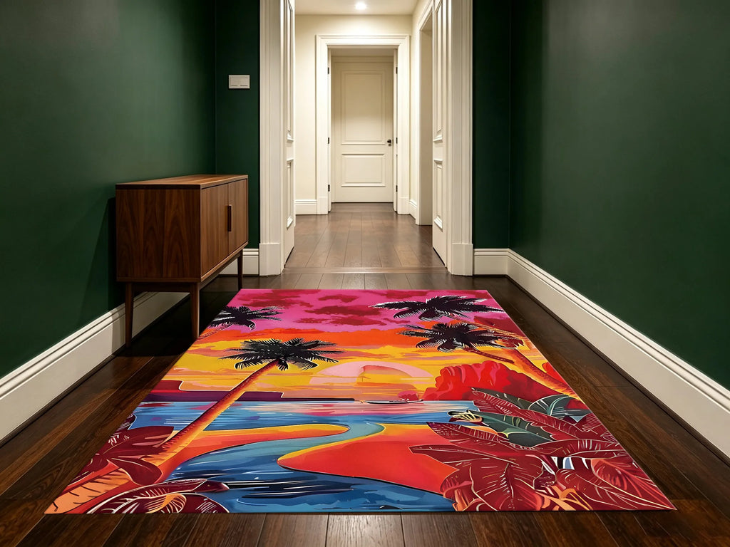 Large Area Rug Retro Contrasting Palm City Print Soft Velvet Living Room Bedroom Home Decor Area Rug
