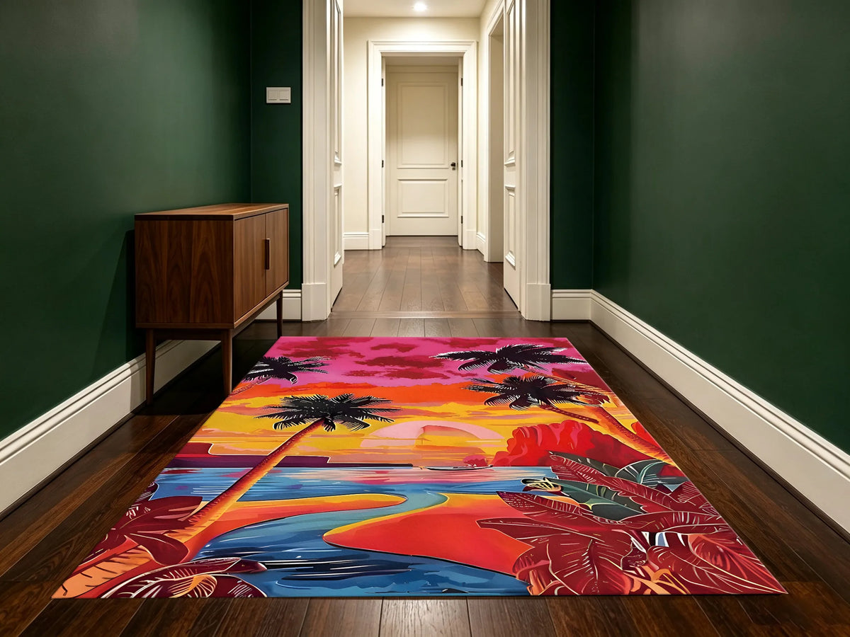 Large Area Rug Retro Contrasting Palm City Print Soft Velvet Living Room Bedroom Home Decor Area Rug