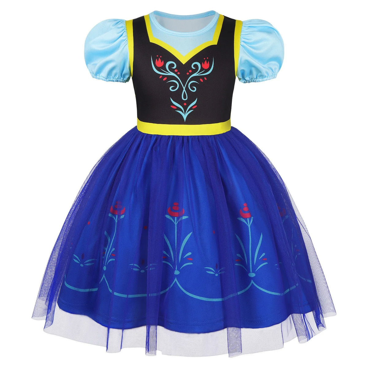 Girls Short Sleeve Fairy Tale Tulle Princess Dress With Printed Pattern Kids Birthday Party Belle Aurora Cosplay Costume 3-10Yrs