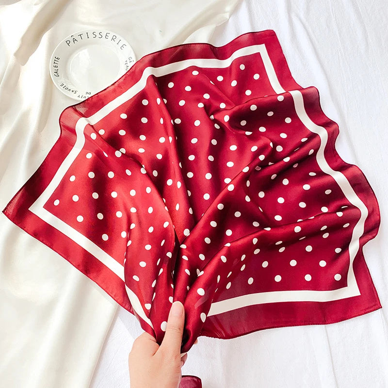 1pcs 70cm Luxury Fresh Polka Dot Printed Silk Scarf for Women Imitation Silk Simple Hijab and Elegant Headwear Square Bandana