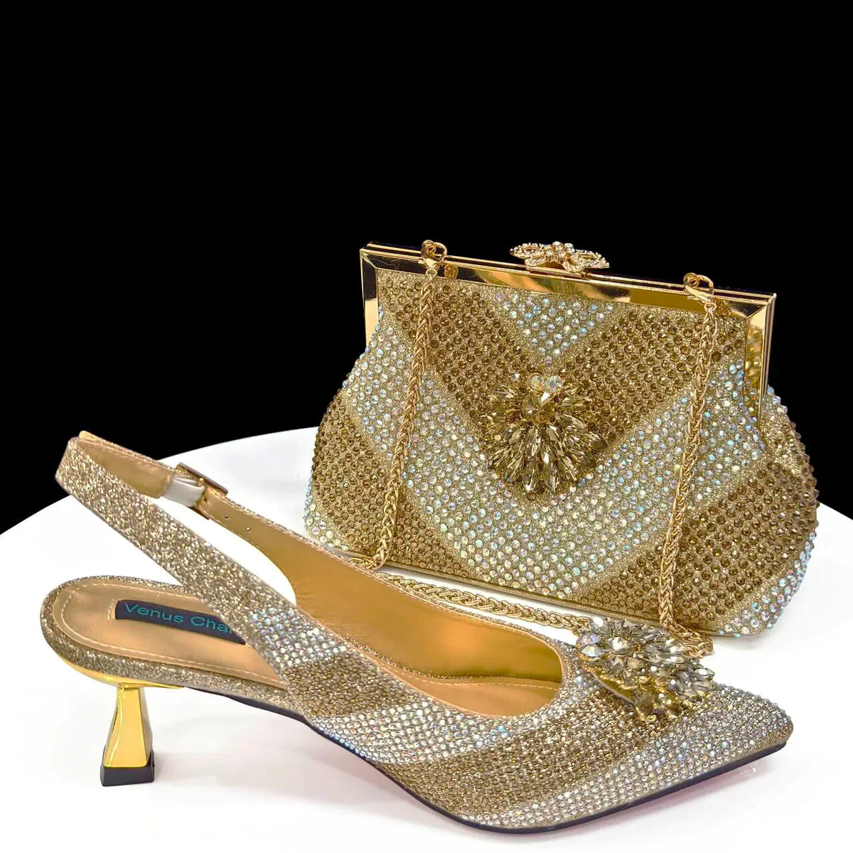 2024 Italian Design Rhinestone Luxury Wine Colour Pointed Toe Shoe & Bag Set Women's High Heels for Parties By Venus Chan