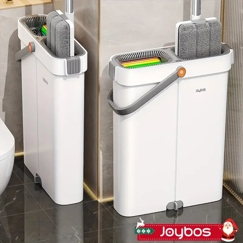 Joybos Ultra-Slim Flat Mop and Bucket System, Hands-Free Wash & Dry Floor Mop Set with 2 Microfiber Pads, 360° Swivel Mop with Squeegee Edge for Hardwood Tile Laminate