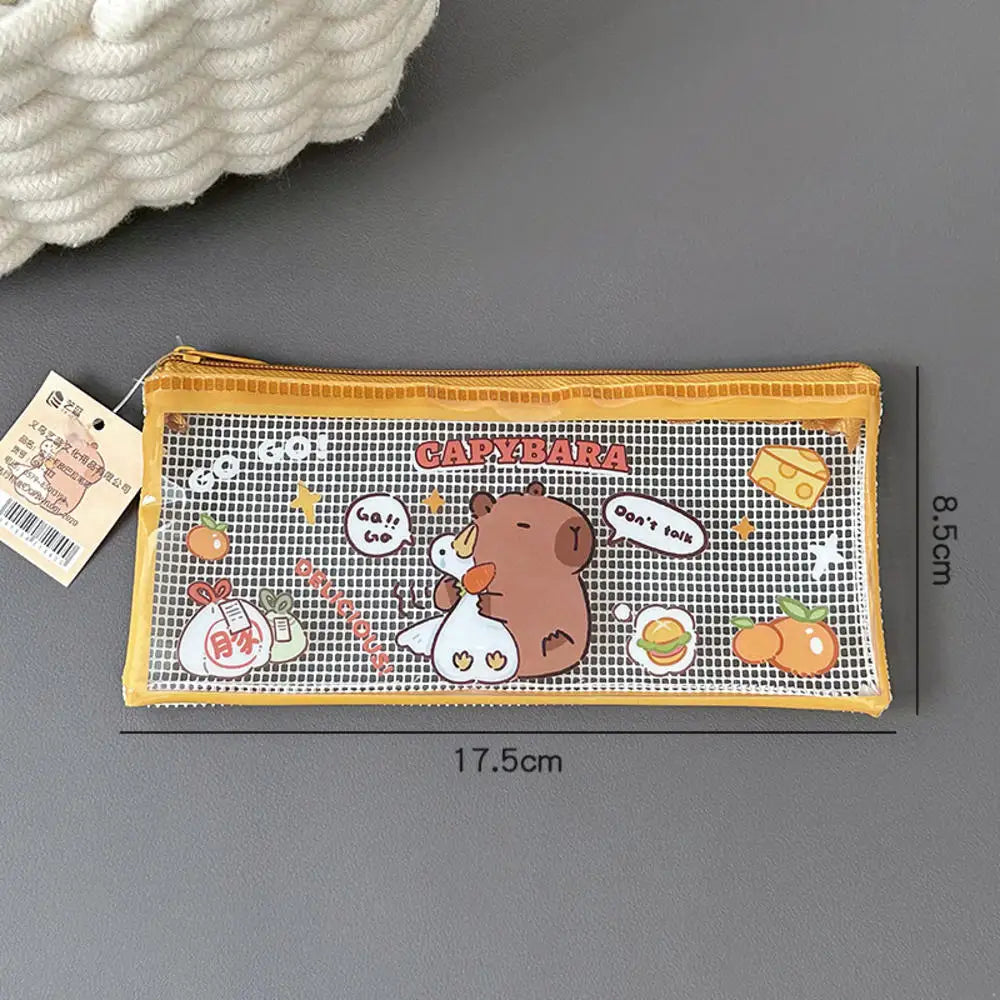 Cartoon Capybara Pencil Case Transparent Waterproof Zipper Pen Pouch Large Capacity Stationary Organizer Bag School Supplies