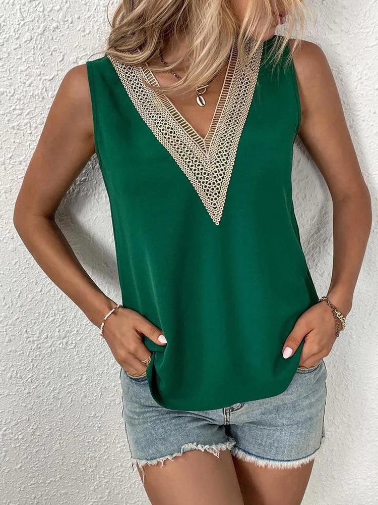 Sleeveless V-neck Lace Parchwork Blouse Women Loose Hollow Out Summer Tee Shirt Casual Streetwear Tsnk Top