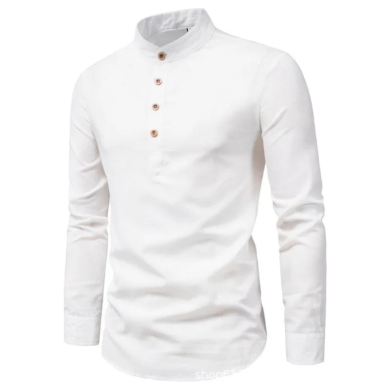 Men's solid color casual slim fitting standing collar long sleeved business shirt shirt