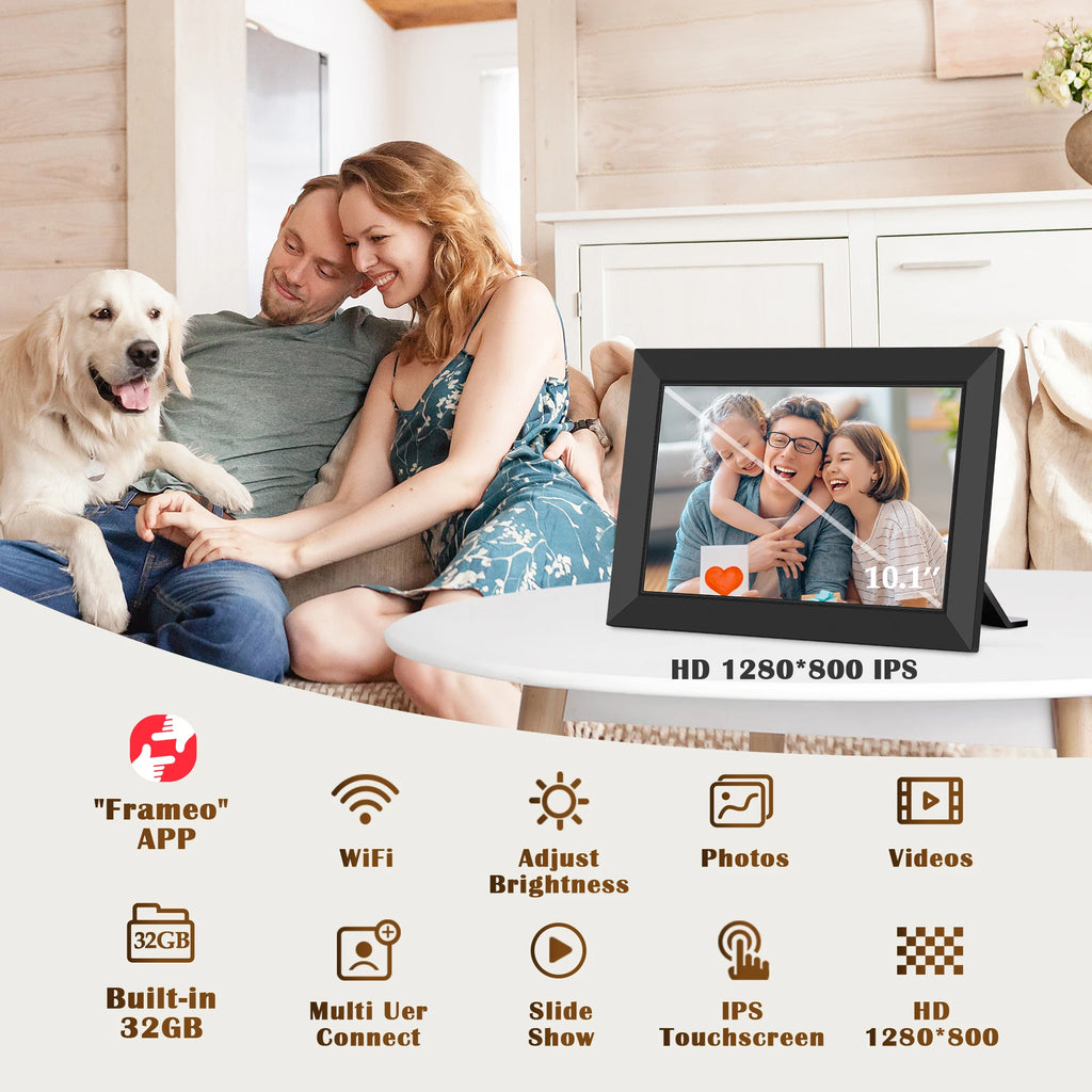 FANGOR Frameo 10.1 Inch WiFi Digital Picture Frame Smart 32GB Memory 1280x800 HD IPS Touch Screen Auto-Rotate Instant Share Life