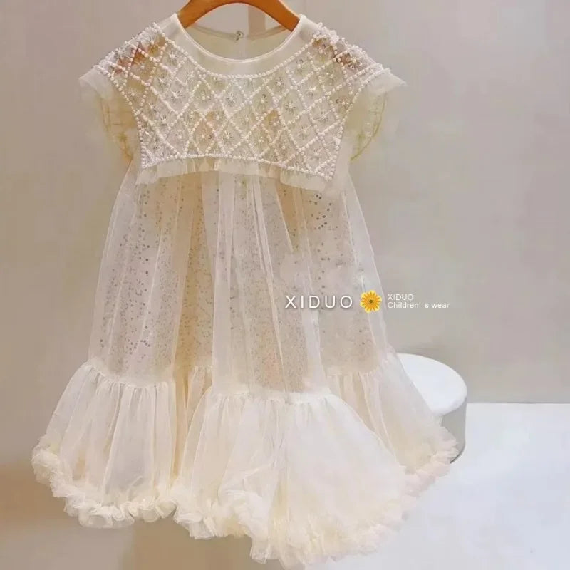 Girls Tulle Super Fairy Princess Dresses Fly Sleeve Rainbow Star Sequined Cake Dress Children Mesh Puffy Birthday Party Vestidos