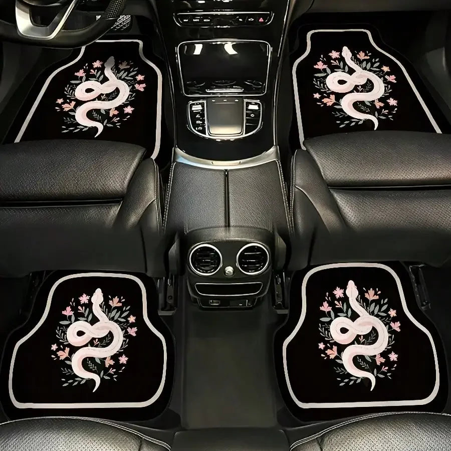 4-Piece Universal Car Mat Set , Decorative Car Mat for Pet-Friendly Families - Animal Snake Pattern, Black, Universal Size