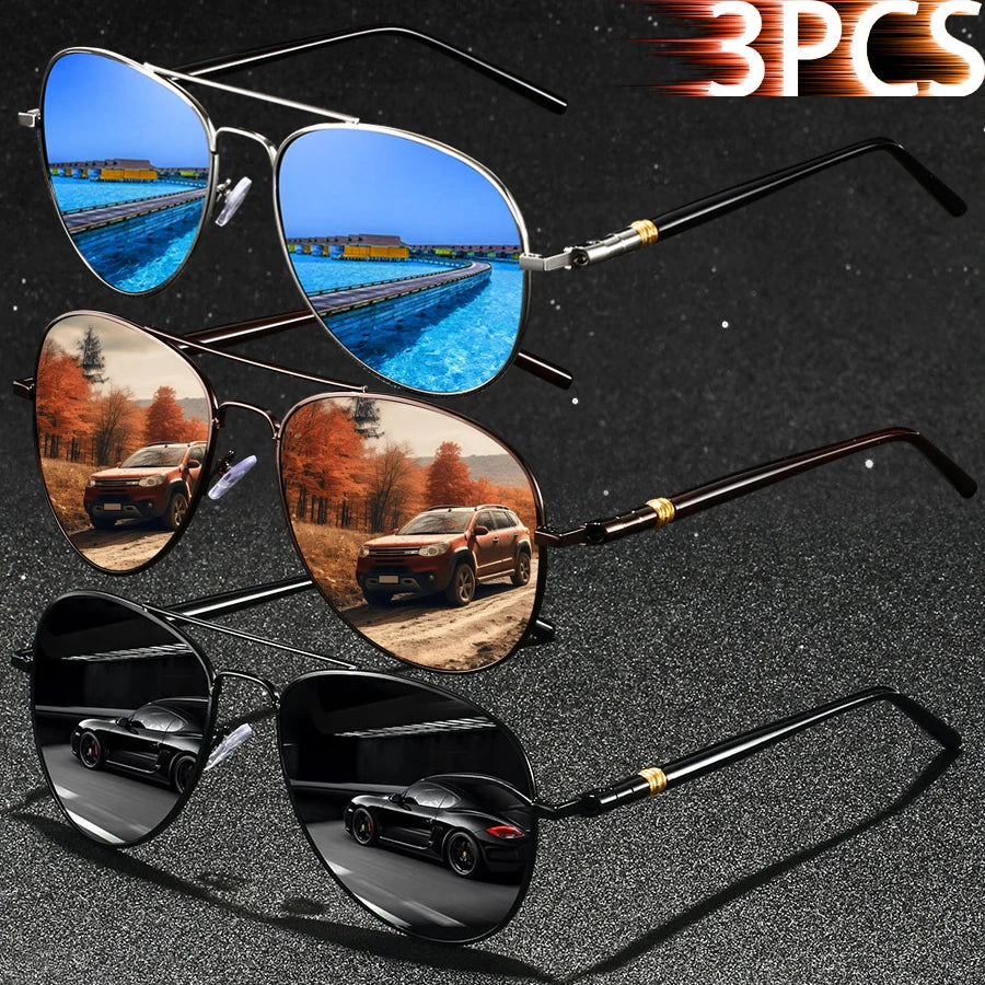3PCS Fashion Vintage Square Metal Frame Sunglasses Men Women Fishing Driving Luxury Brand Designer Sun Glasses  Eyewear