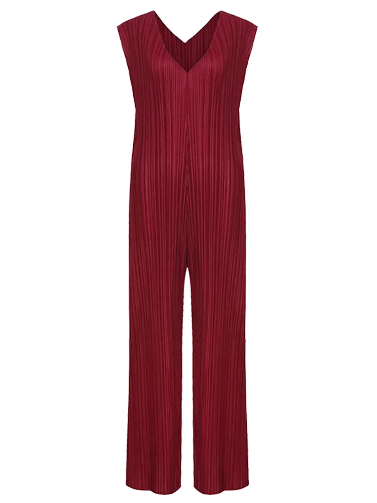 New Arrivals Summer Miyake Pleats Large Size Casual Loose V-neck Sleeveless Black Women Jumpsuit Bell Bottom Loose Dress