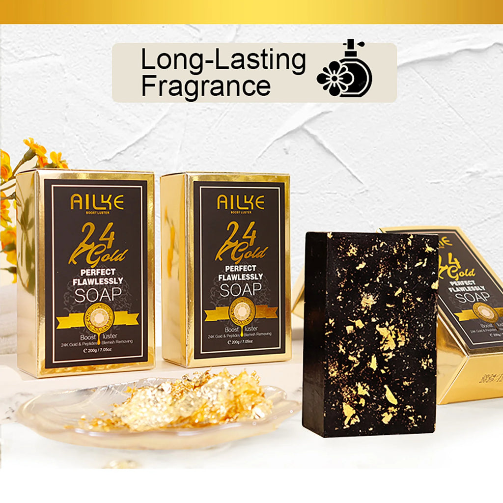 AILKE 24K Gold Foil Whitening Soap, Brightening, Even Skin Tone, Improve Skin Elasticity, Deeply Cleaning, Remove Spots, 200g