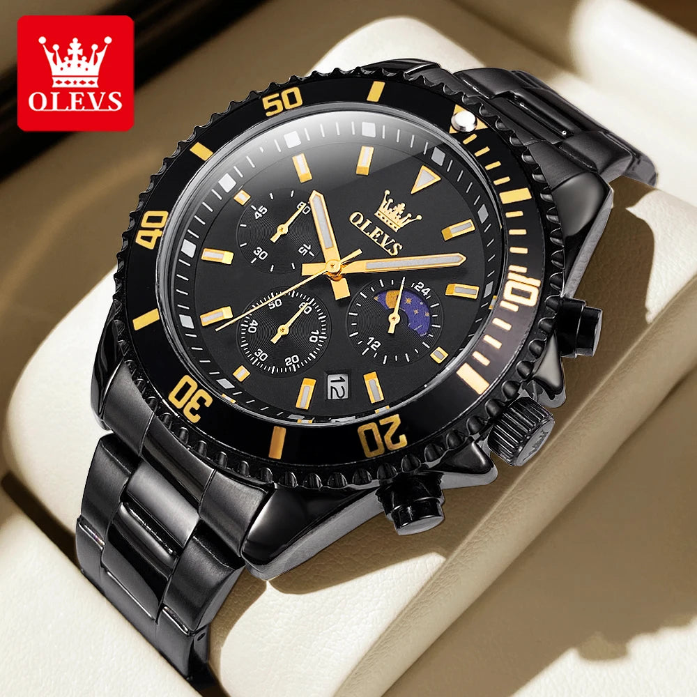 OLEVS 2870 Men's Watches Golden Stainless Steel Calendar Moon phase Chronograph 42.5mm Big Dial Men's Wristwatches Original