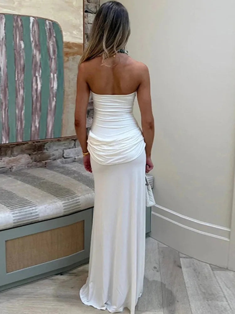 Mozision Off-shoulder Strapless Sexy Maxi Dress Women Elegant Sleeveless Backless Ruched High Split Club Party Long Dress