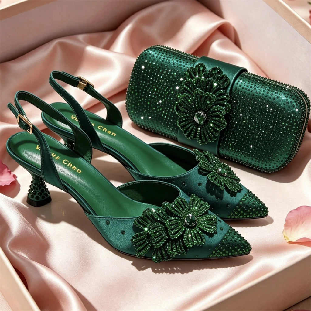 New Design Women Nigerian Italian Shoes and Bags Set Decorated with Rhinestone Women Shoes and Bags To Match Set Italy Lady