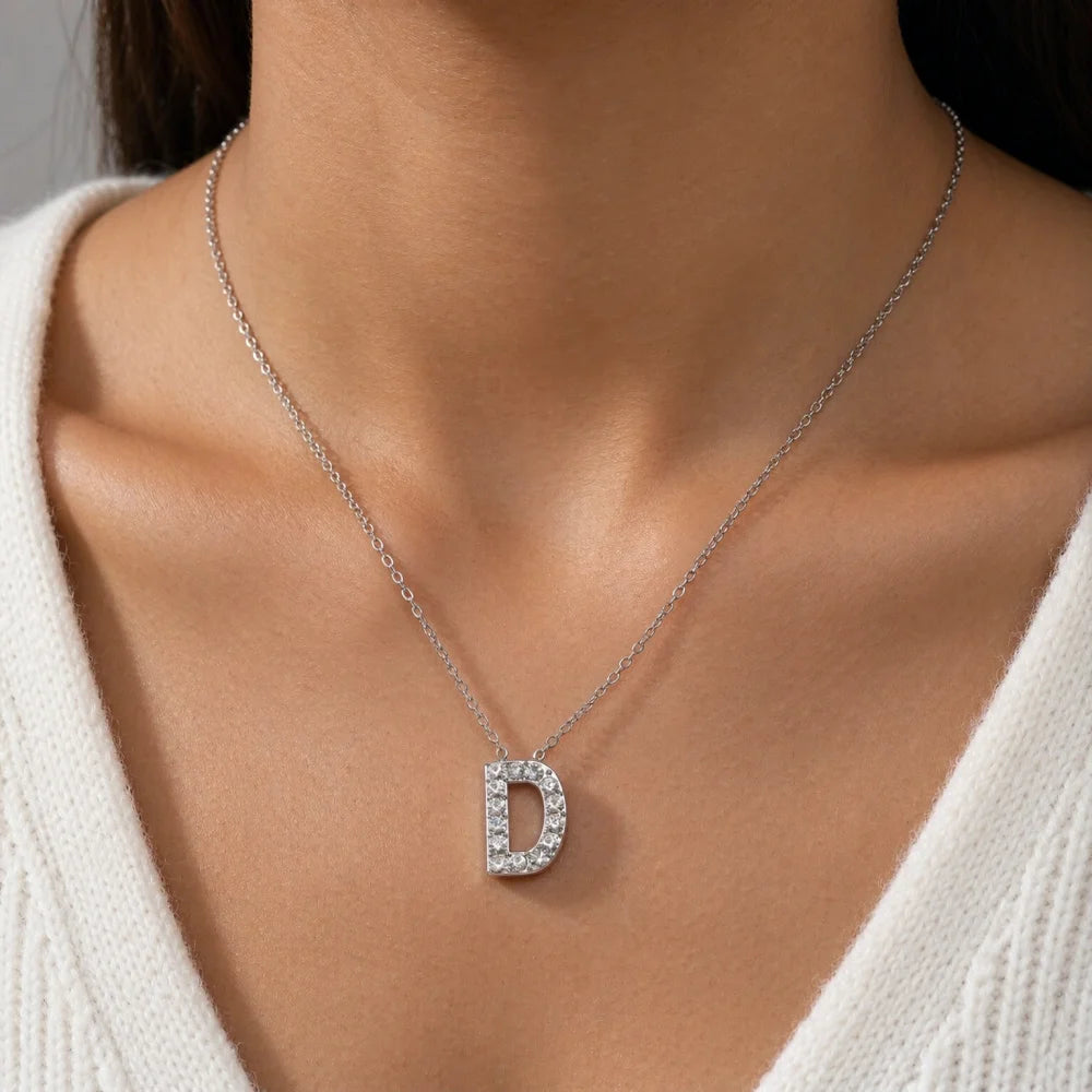 A-Z Initial Letter Necklace for Women Stainless Steel Gold Color Cubic Zirconia Alphabet Pendant Clavicle Chain Jewelry Gift